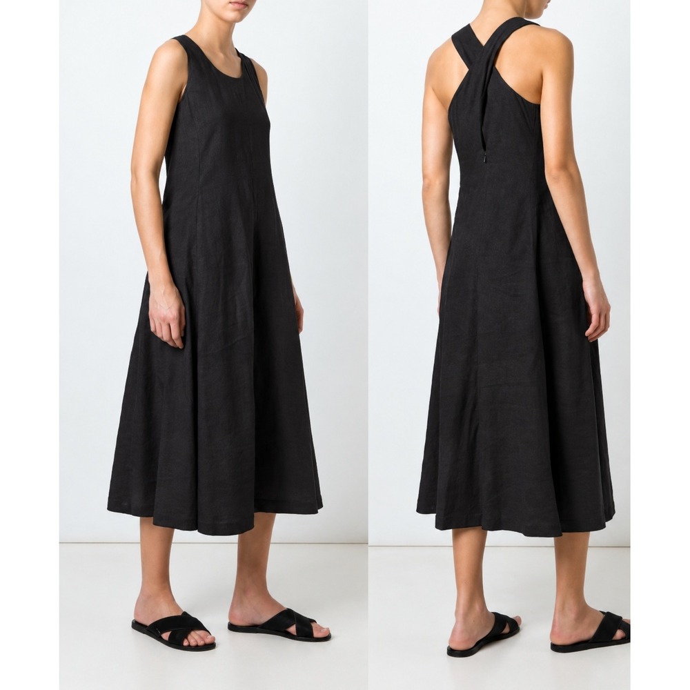 Theory Vlorine Caliver Dress Womens 4 Black  Linen Midi Crisscross Back